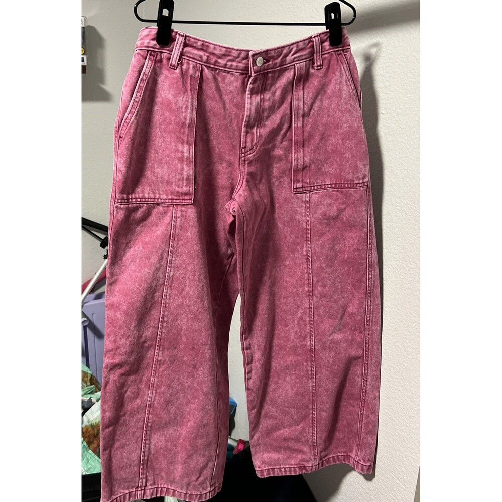 Scoop Pink Wide Leg Boho Jeans Women Acid Wash Utility Pockets Mid Rise SZ10